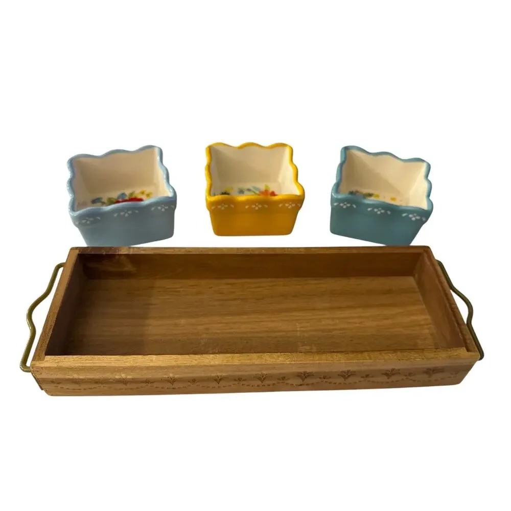 Pioneer Woman Condiment Set w/Wood Tray 3 Floral Medley 3 Stoneware Bowls